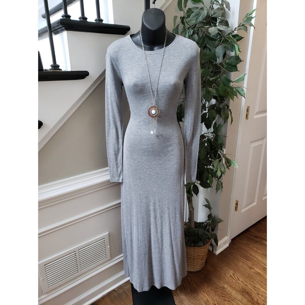 Zara Dress Womenโ Size M Gray Long Sleeve Fitted Midi Bodycon Stretch Minimalist